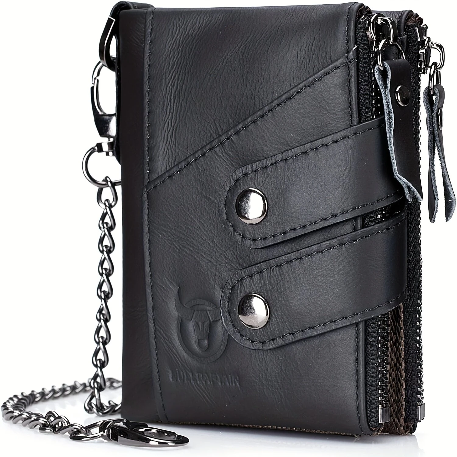 (image for) BULLCAPTAIN Genuine Leather Mens Wallet RFID Blocking Short Wallet with Chain Multifunction Card Holder Double Zipper Coin Purse Money Clip Compact Storage Bag Stylish